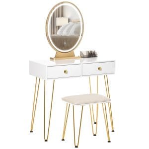 HOMCOM Masa de toaleta cu Oglinda Lumini tip LED in Stil Industrial, Masa de Machiaj cu Taburet, Mobilier de Toaleta cu Comutator Tactil, Alb