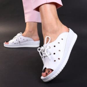 Papuci albi piele naturala Many